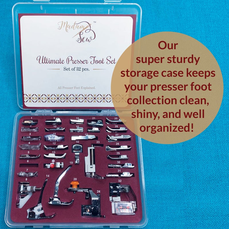 Madam Sew Presser Foot Set 32 PC Set | The ONLY Sewing Machine Presser Foot Kit with Manual & Deluxe Storage Case | Numbered Slots for Organization | Compatible with Most Brother Sewing Machine Feet - Image 4